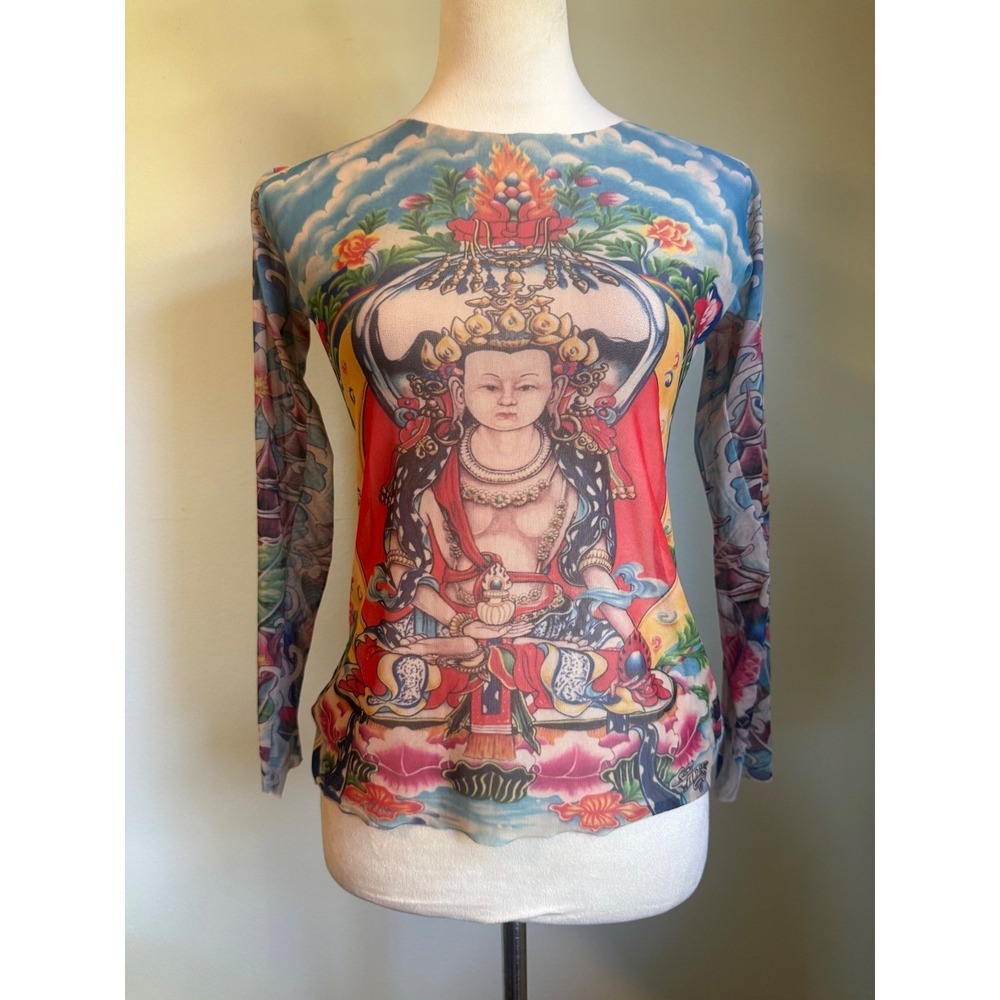 Tattoo Mesh Top Long Sleeve Buddha Buddha Print Sheer L boho whims y2k wild rose